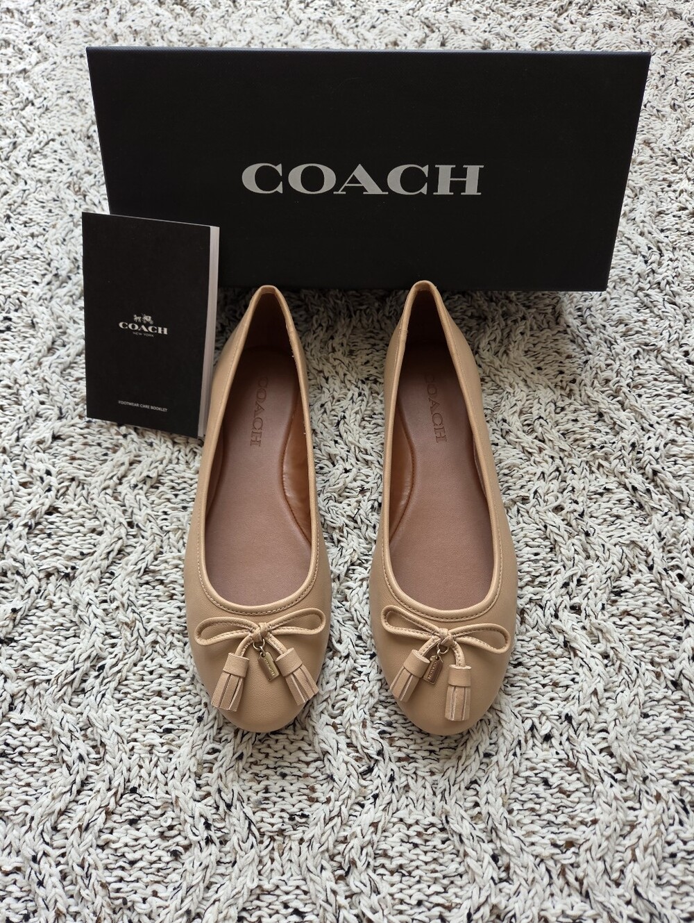 COACH BEA Tan Leather Ballet Flats (with Tassel Bow Accents)